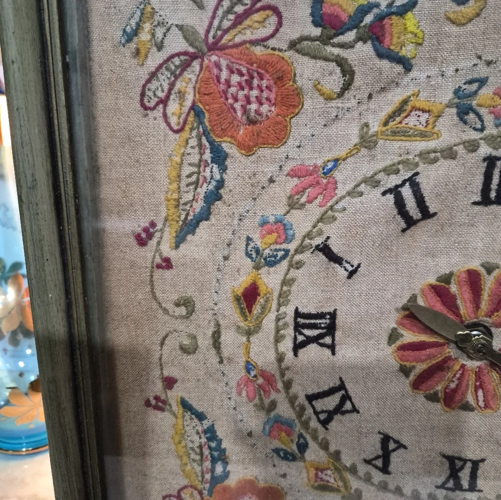 Vintage Embroidery Shadow Box Wall Clock, 60s, 70s